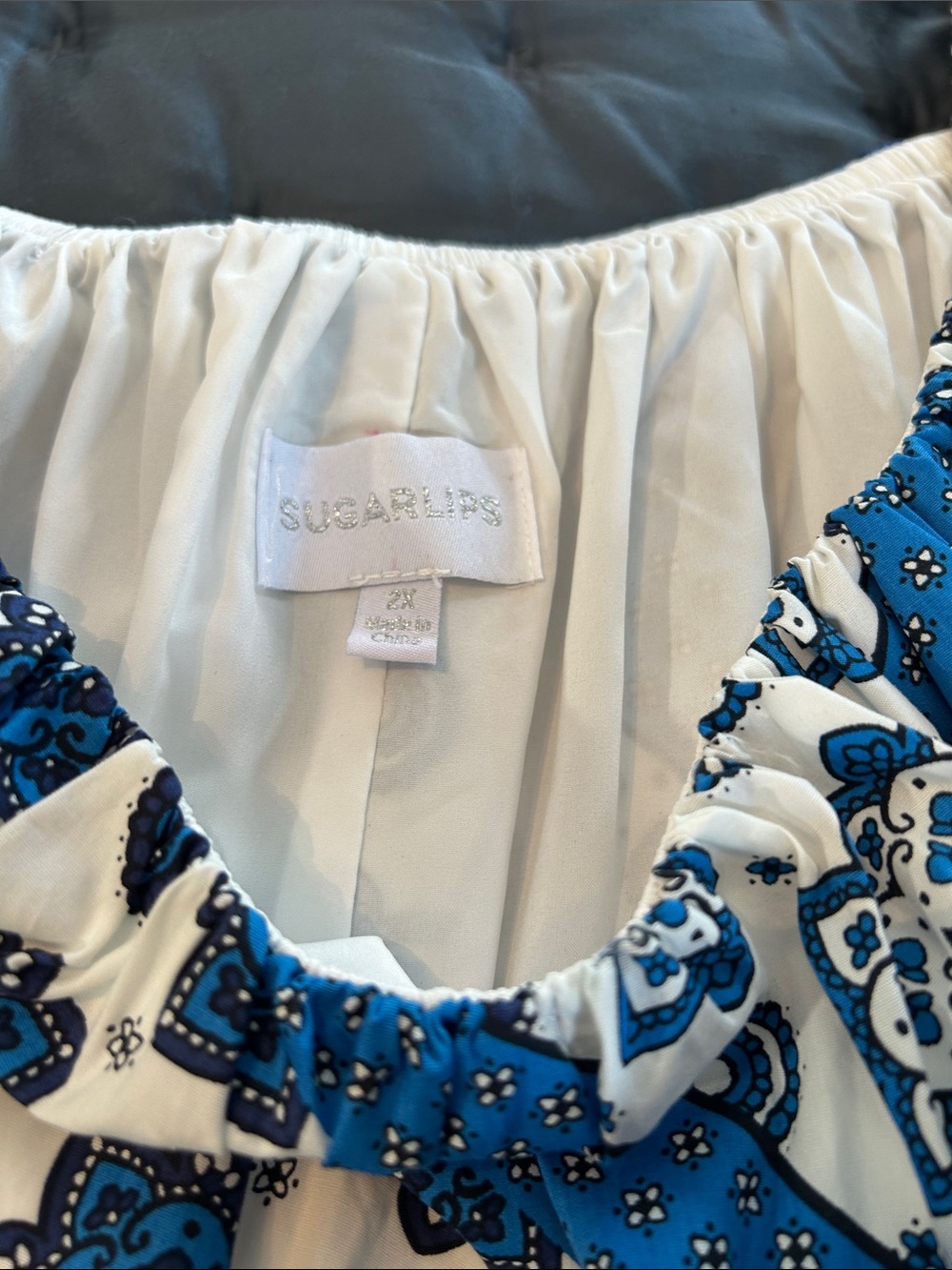 Sugarlips Blue and White Patchwork Puff Sleeve Mini Dress - Picture 3 of 5